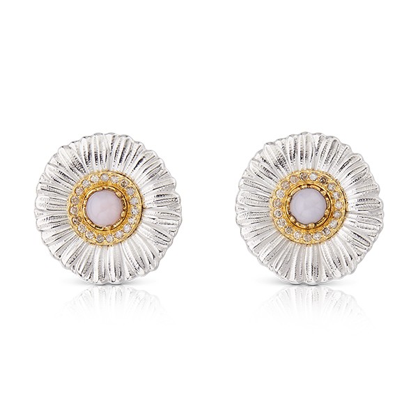 Buccellati Silver Pink Opal & Diamond Daisy Button Earrings